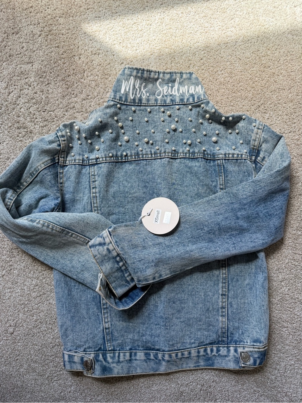 Mrs. Seidman Embellished Light Wash Denim Jacket with Pearl Studs